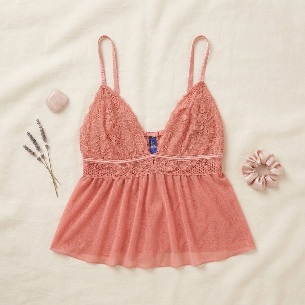 Rachel Rachel Roy Coral Pink Lace Mesh Babydoll Camisole Top Womens Large